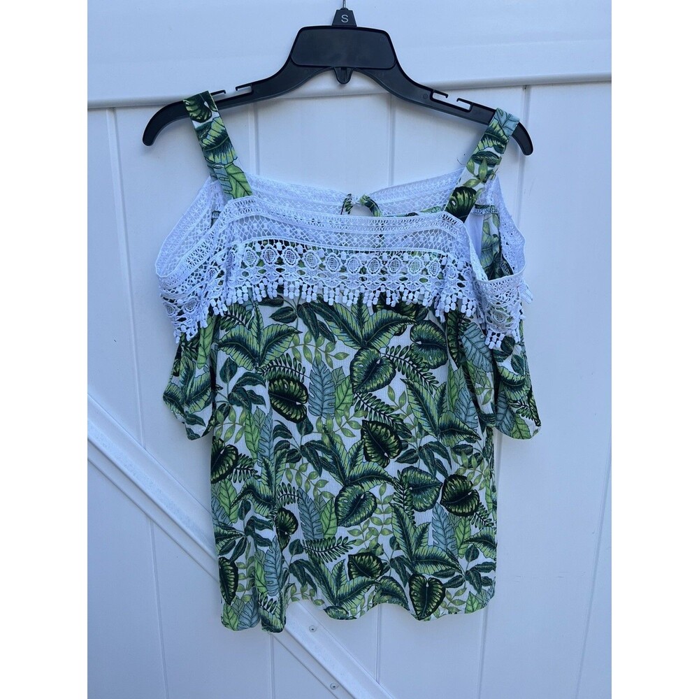 Hailey Lyn Womens Cold Shoulder Floral Blouse Lined Lace Boho Green Sz Small